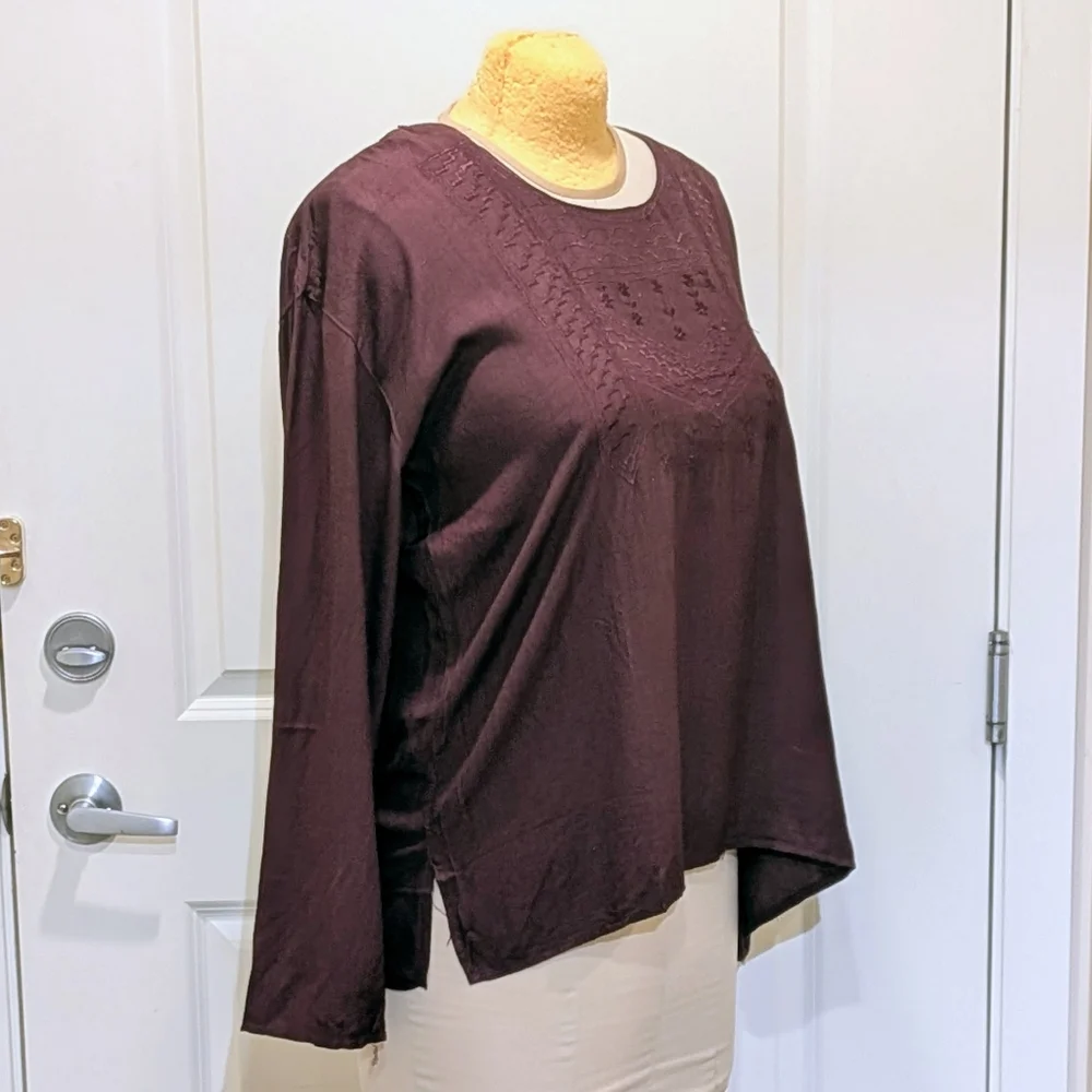NWOT Beckwoman XL Oxblood Embroidered Double Button Collar Boho Tunic Blouse - Picture 8 of 8